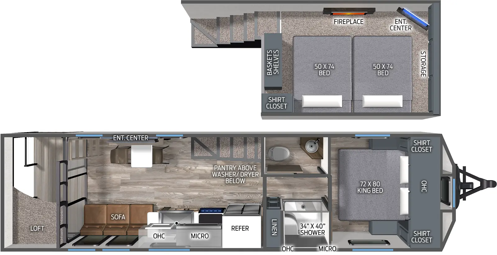 The Puma Destination 280MiniLFT floorplan has one entry and zero slide outs. Exterior features include: metal exterior. Interiors features include: loft, front bedroom and pass through bathroom.